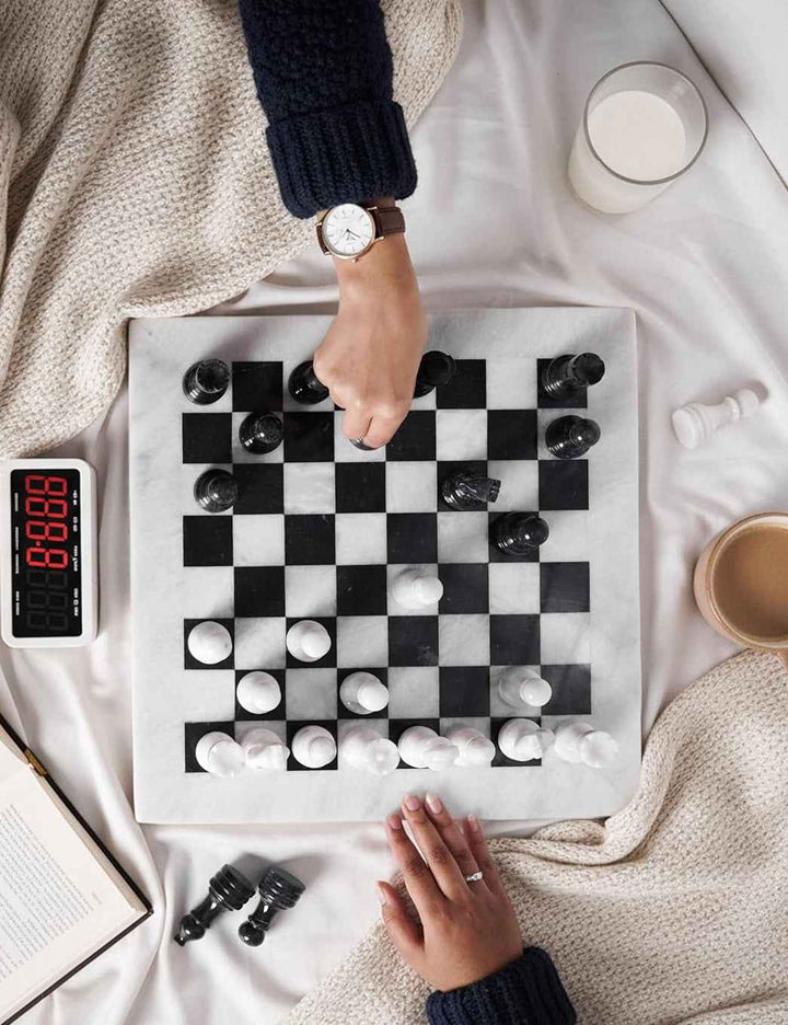 Black and White Marble Chess Set, 15" Board, 34 Hand-Polished Pieces, Storage Box