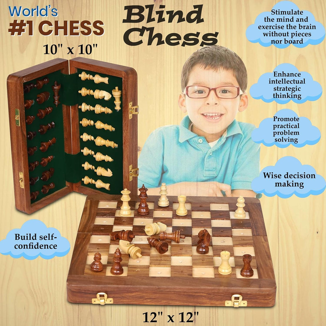 Rosewood Foldable Chess Set for Blind & Visually Impaired (12 Inches)