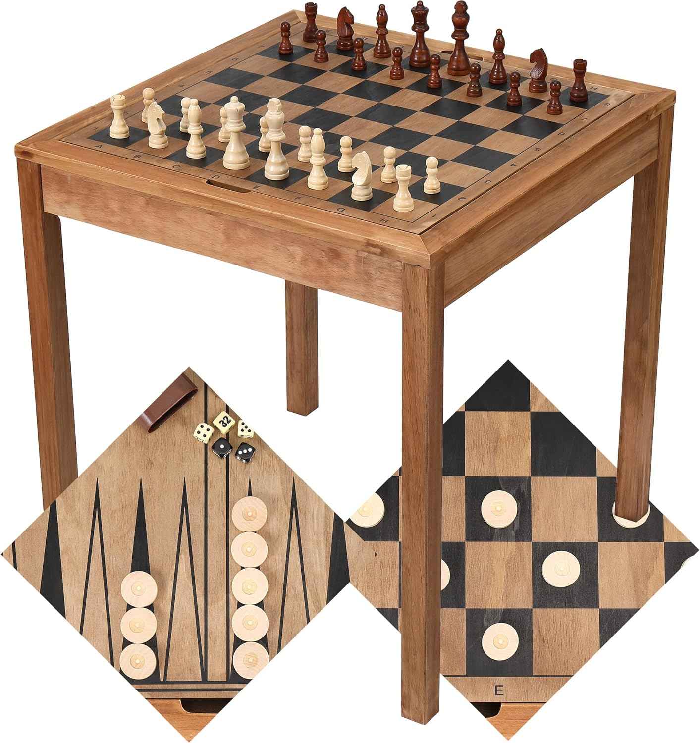 Wooden Chess Table | Chess, Checkers and Backgammon 3 in 1 Combo Game Table (Colonial Finish)
