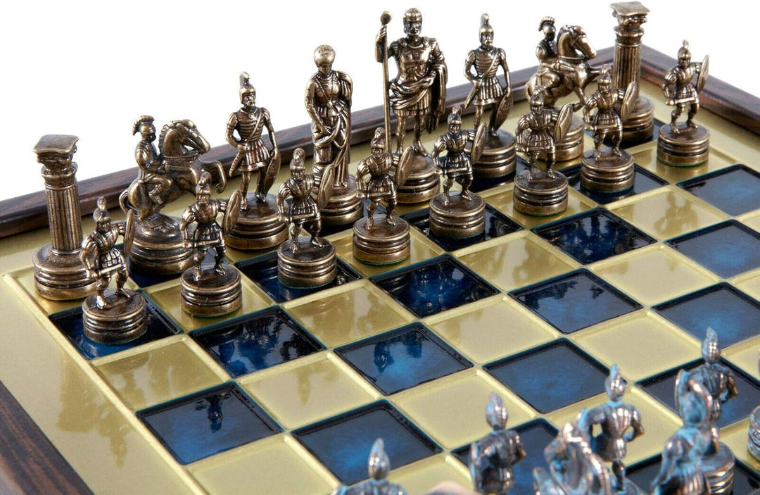 Greek-Roman Army Chess Set - Blue & Copper - Wooden Case - Blue Board