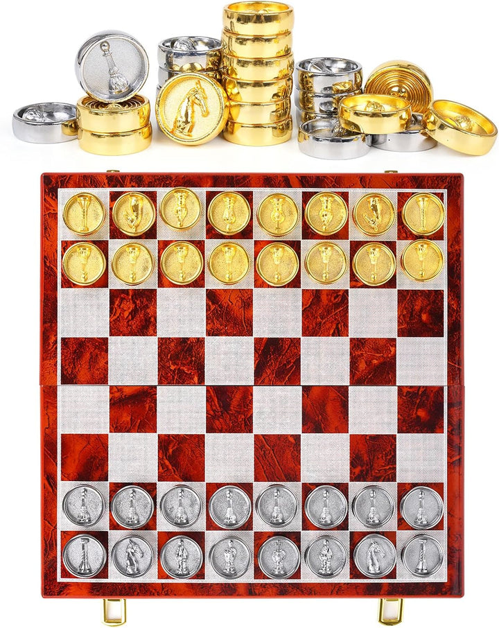 2-in-1 Metal Chess and Checkers Set- Travel Chess Sets Luxury Wooden Foldable Chessboard with Storage