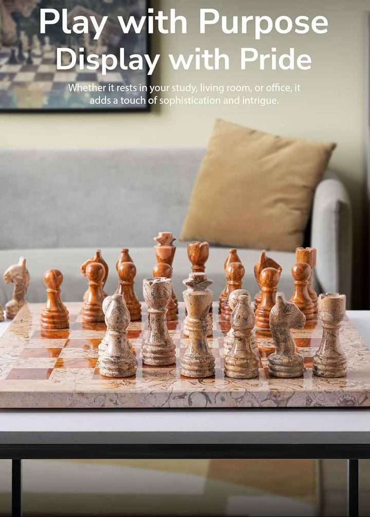 Marble Chess Set 12 Inches Fossil Coral and Dark Brown