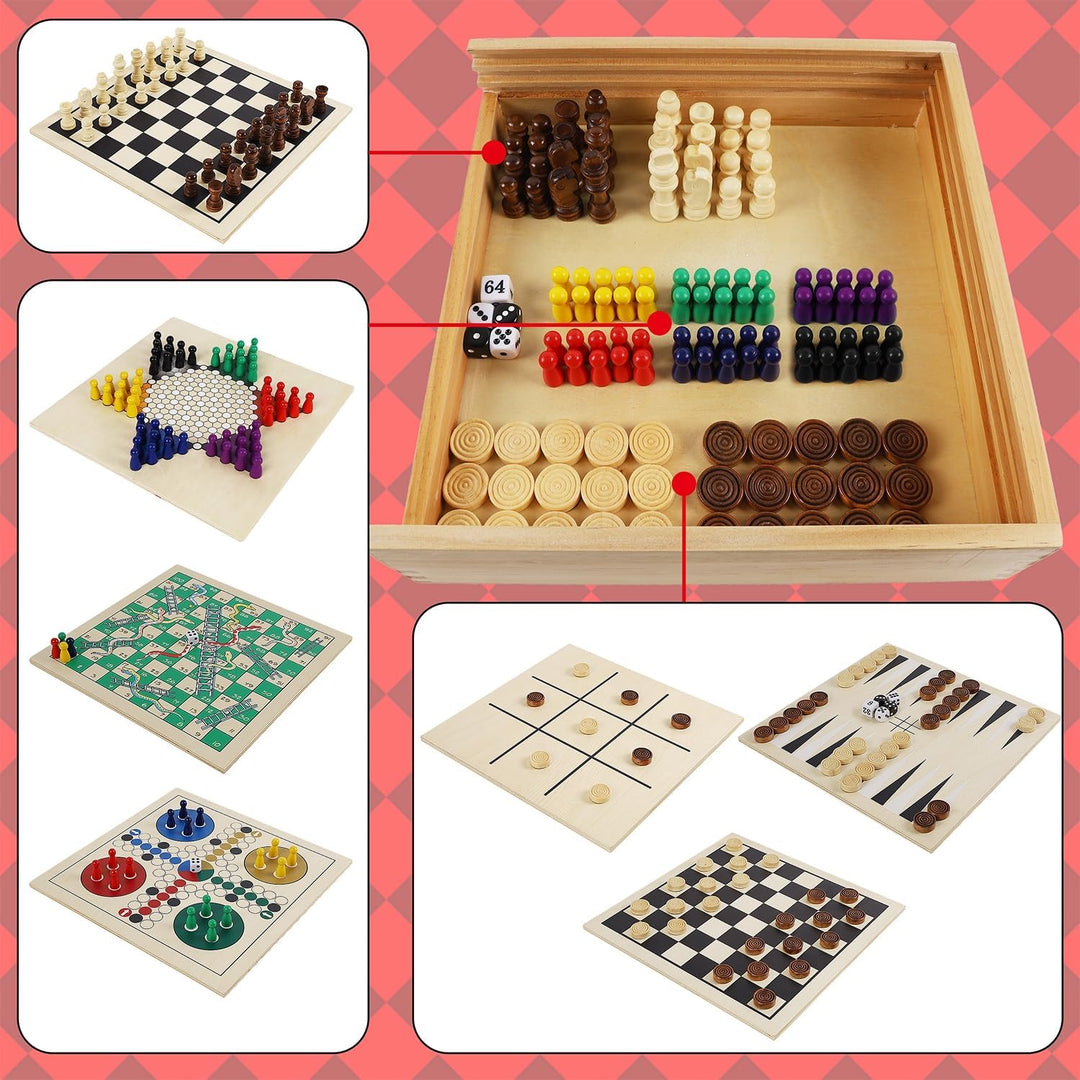 7-in-1 Wooden Board Game Set | Tabletop Combo Classic Travel Board Games
