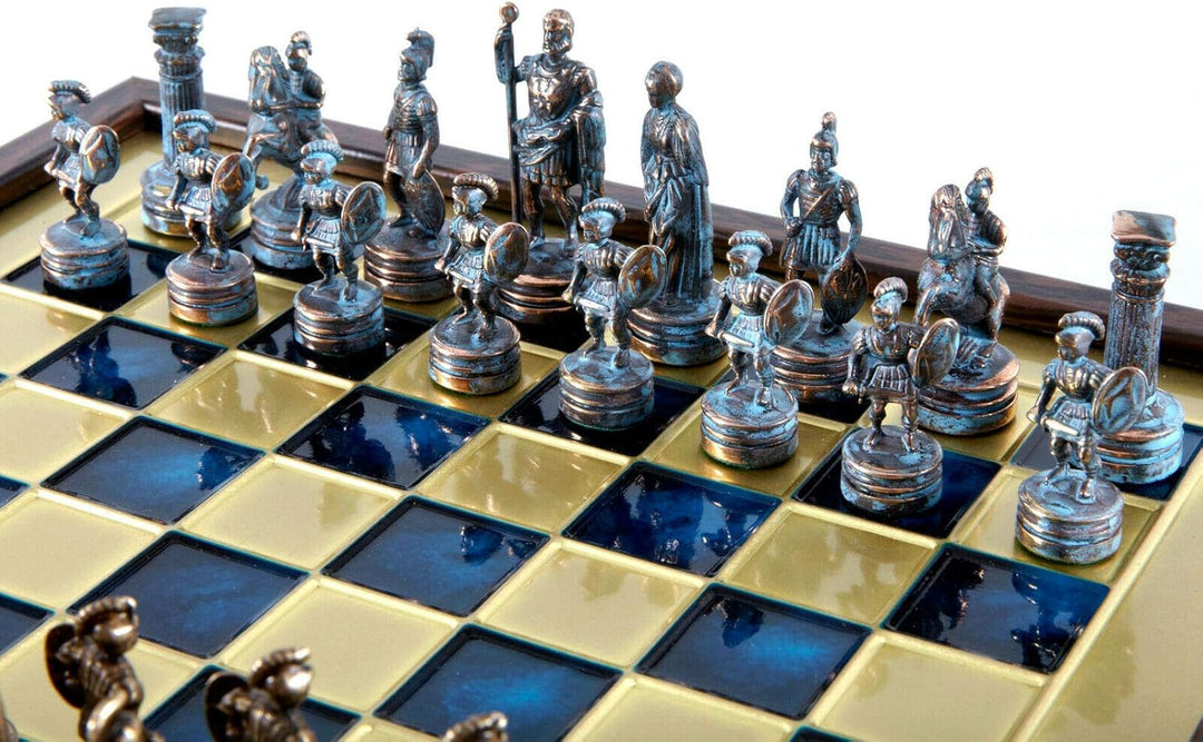 Greek-Roman Army Chess Set - Blue & Copper - Wooden Case - Blue Board