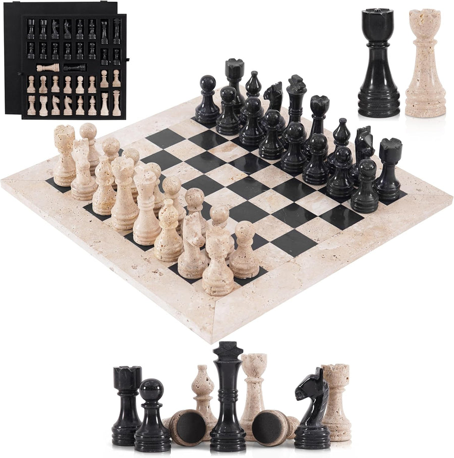 Chess set with black and white pieces on a checkered board