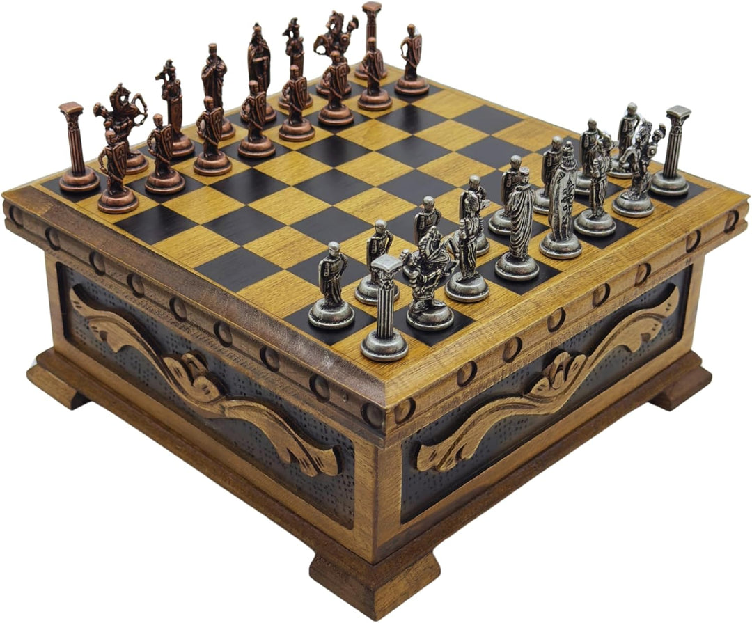 Handcrafted Chess Board and British Figure Metal Chess Pieces