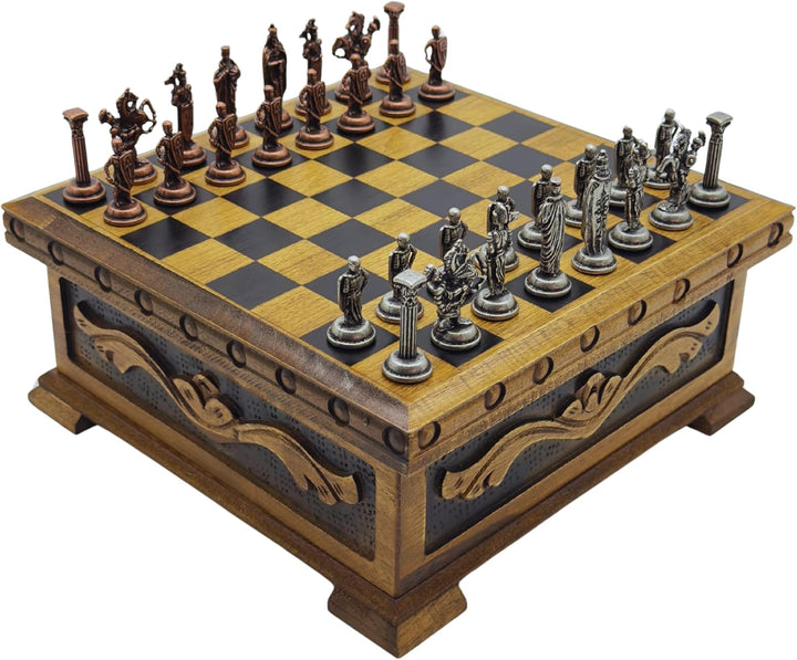 Handcrafted Chess Board and British Figure Metal Chess Pieces