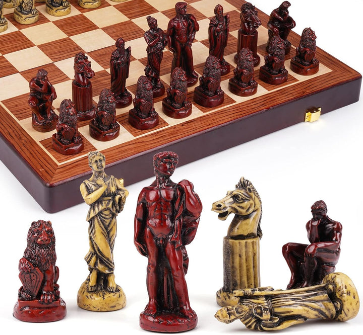 Retro Roman Chess Set with Resin Chess Pieces and Wooden Chessboard