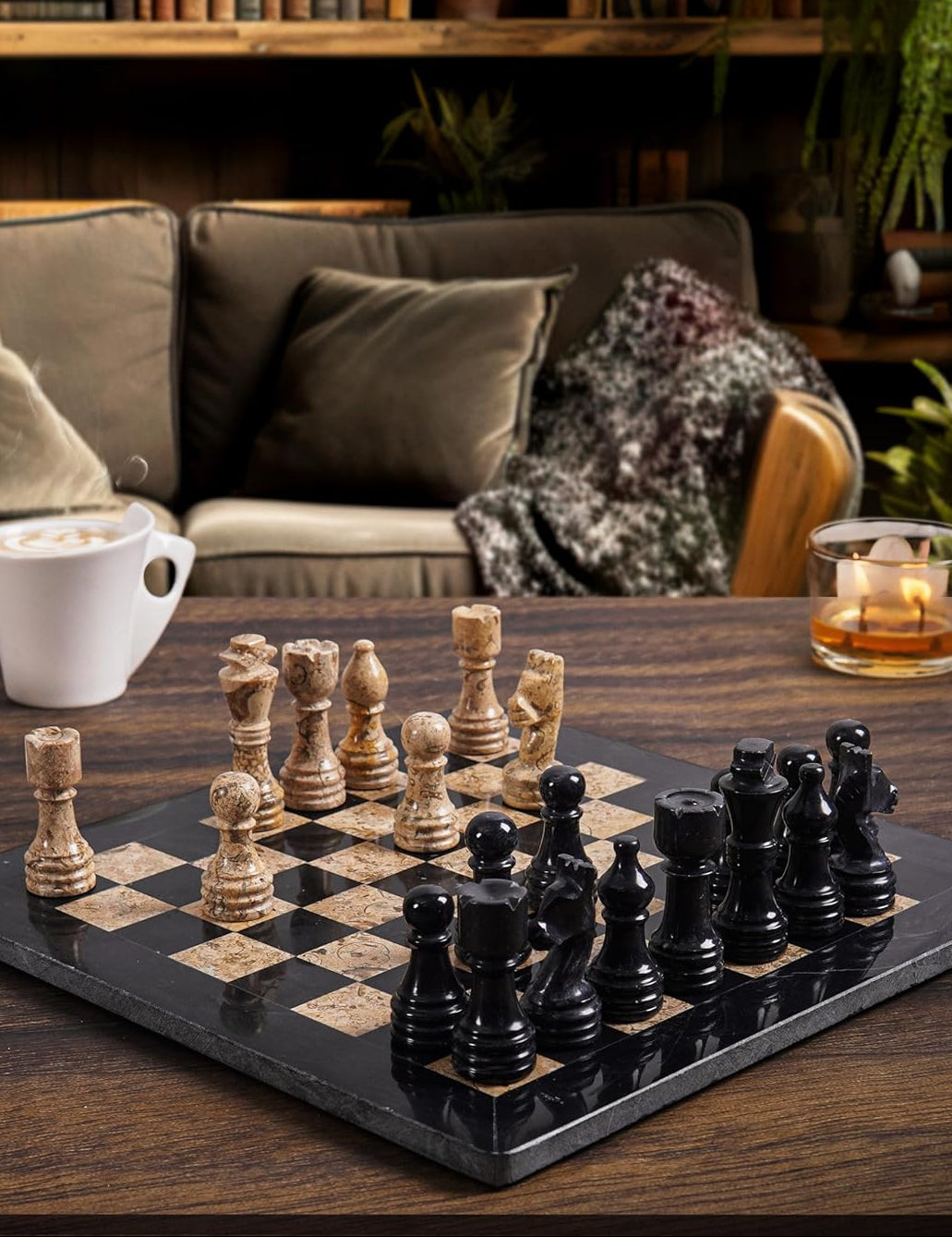 Wooden chess set on a table with a cozy living room background