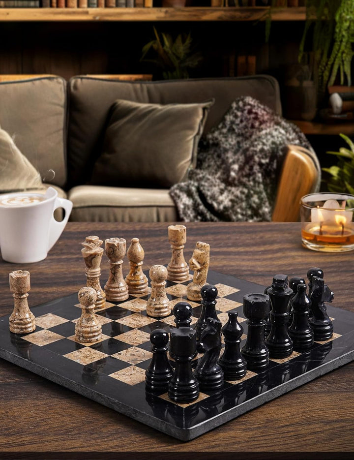 Wooden chess set on a table with a cozy living room background