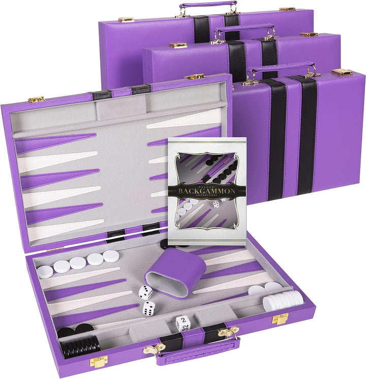 Backgammon Set - Classic Board Game in Purple for Adults and Kids with Premium Leather Case - with Strategy & Tip Guide