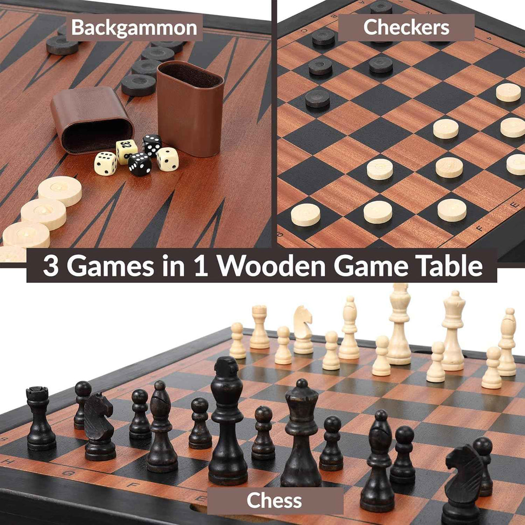Wooden Chess Table | Chess, Checkers and Backgammon 3 in 1 Combo Game Table (Dark Zebra)