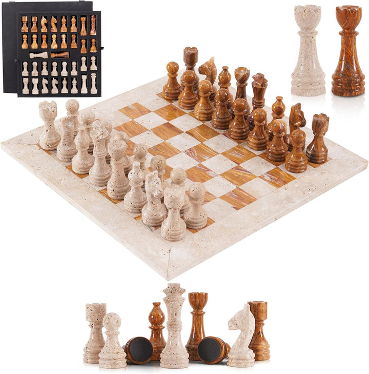 Wooden chess set with pieces and board on a white background
