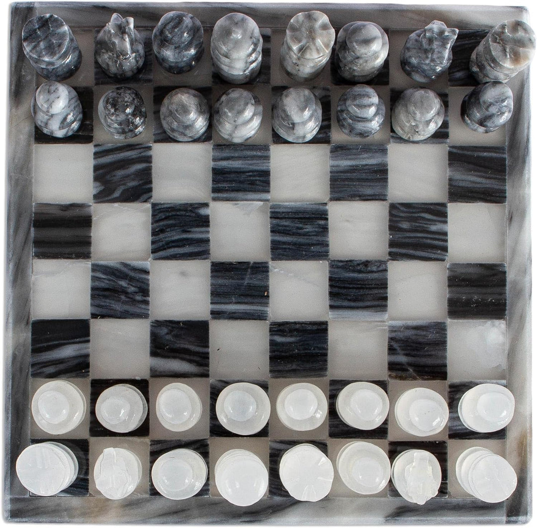 Mini Onyx and Marble Chess Set Grey Ivory Marblestone Mexico Sets