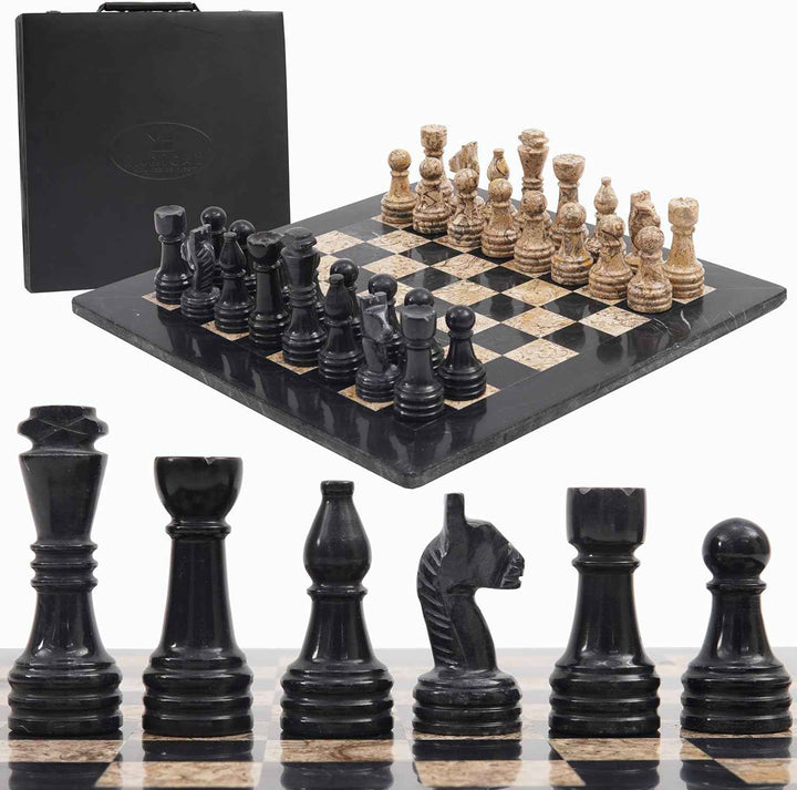 Marble Chess Set 15 Inches Fossil Coral and Black with Storagebox