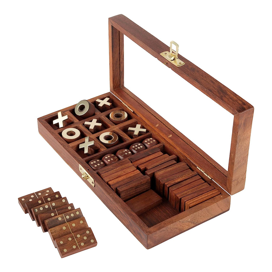 3-in-1-Gesellschaftsspielset aus Holz | 28 Dominosteine, Tic-Tac-Toe und Holzwürfel