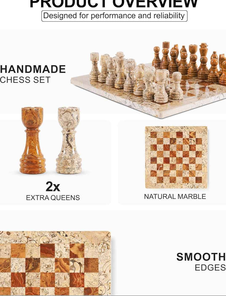Marble Chess Set 10 Inches Fossil Coral and Dark Brown with Storagebox