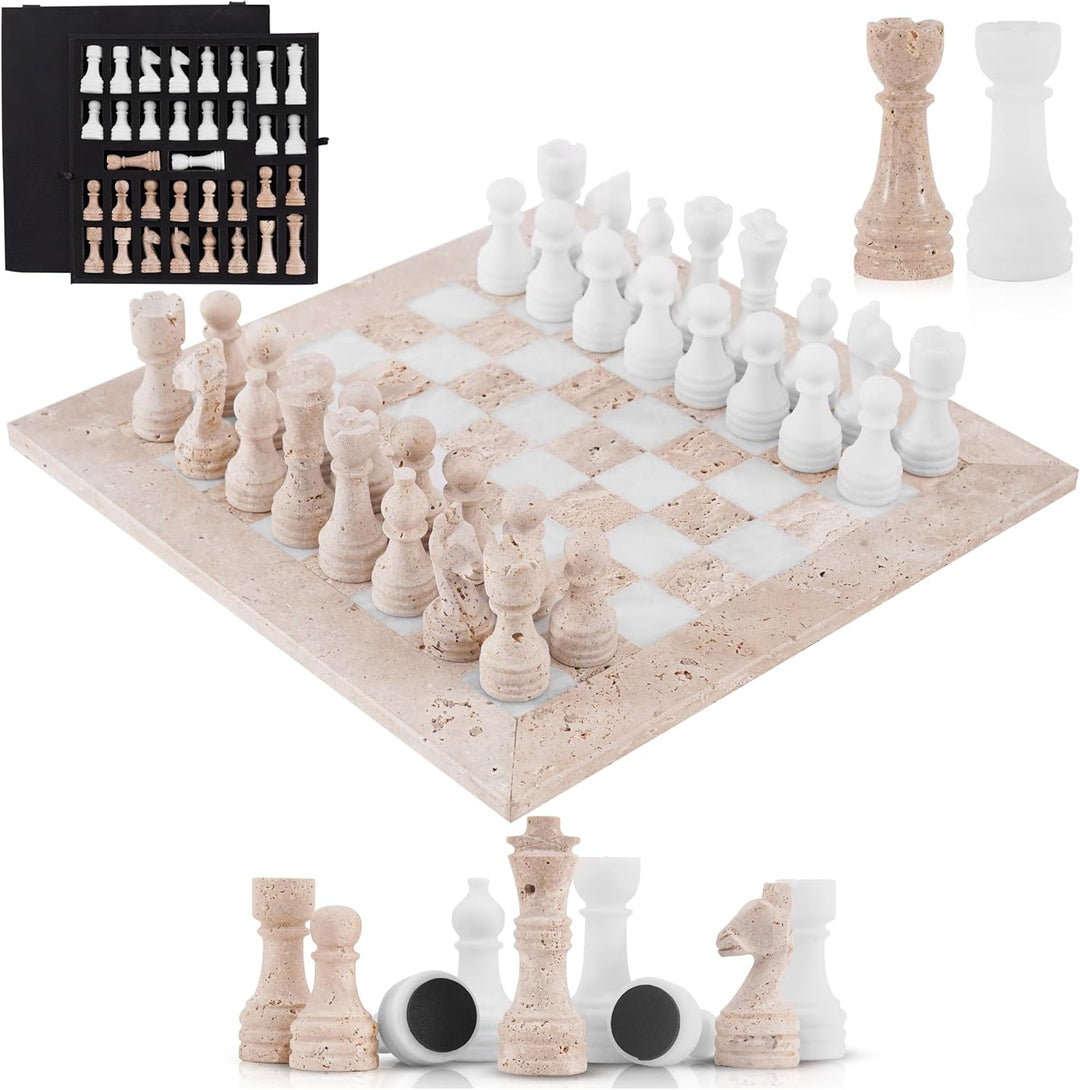 Marble Chess Set 15" Inches Handmade Travertine and White with Storagebox