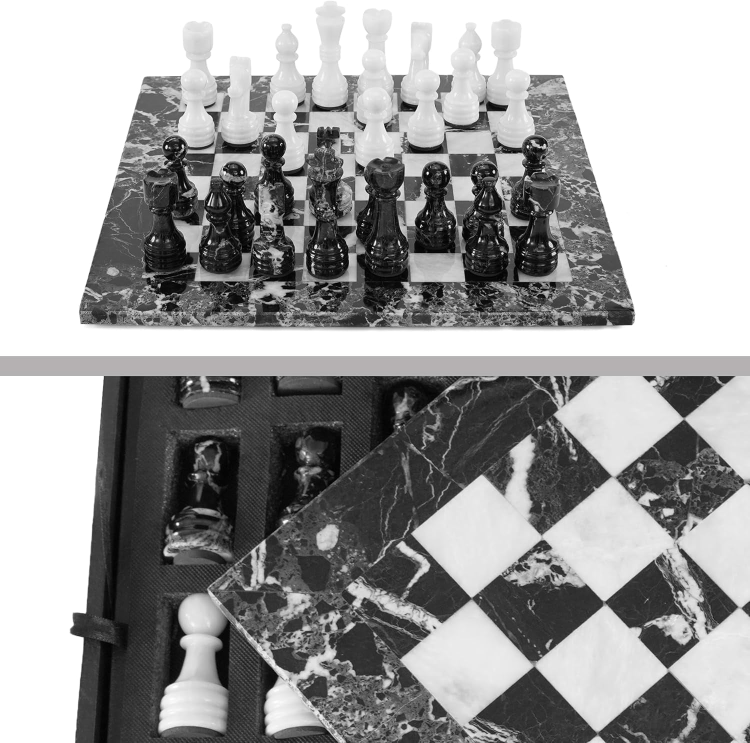 Marble chess set with pieces on a checkered surface, branded 'Earthen Crafts'.