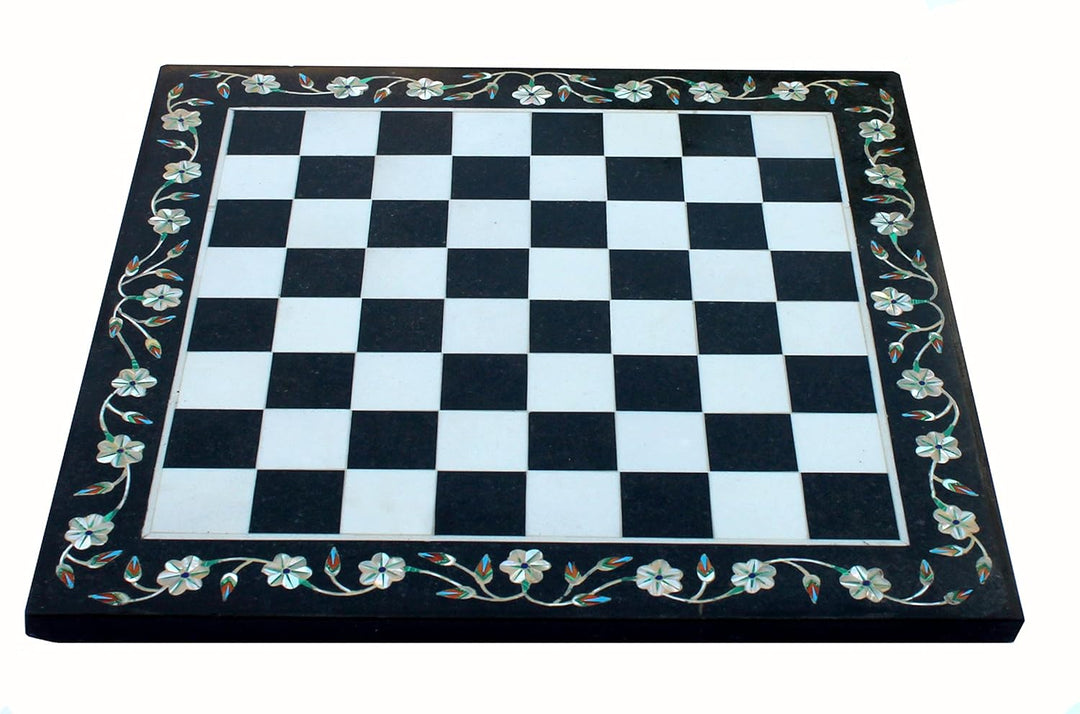 Black & White Marble Chess Board with Pietra Dura Inlay Art