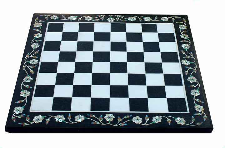 Black & White Marble Chess Board with Pietra Dura Inlay Art
