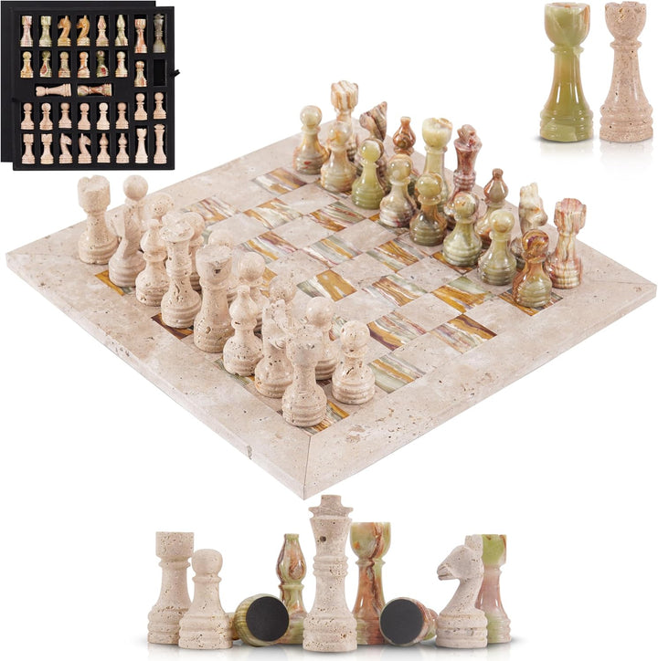 Marble Chess Set 15 Inch Handmade Travertine & Green Onyx