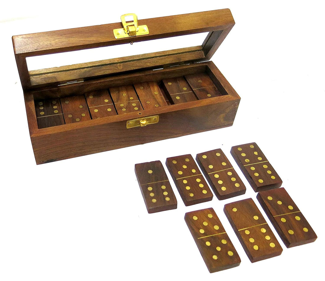 Wooden Dot Dominoes Tile Game with see through Box