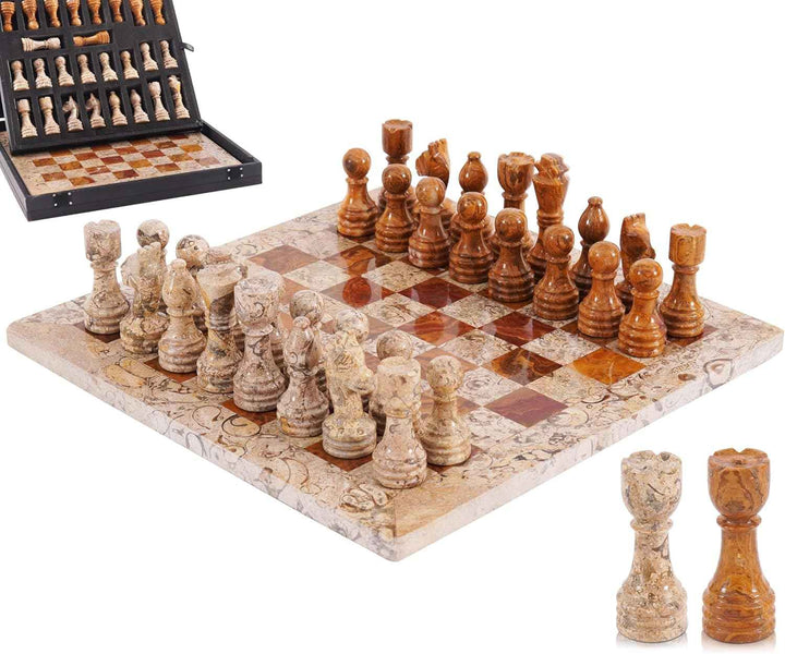 Marble Chess Set 12 Inches Fossil Coral and Dark Brown with Storagebox