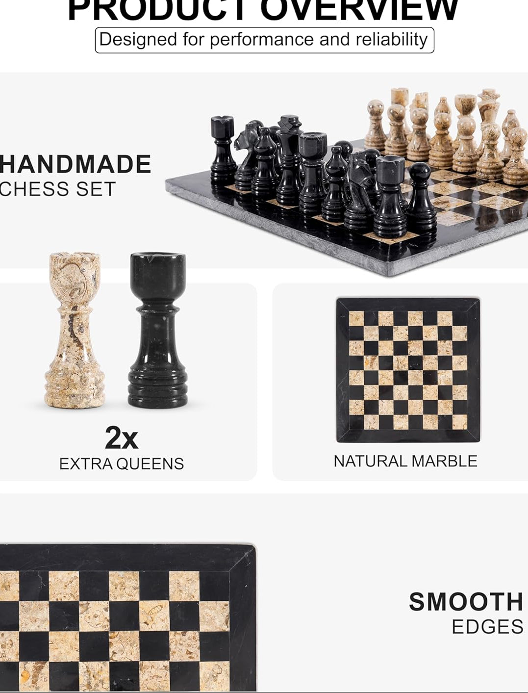 Handmade chess set with marble pieces and board on a white background