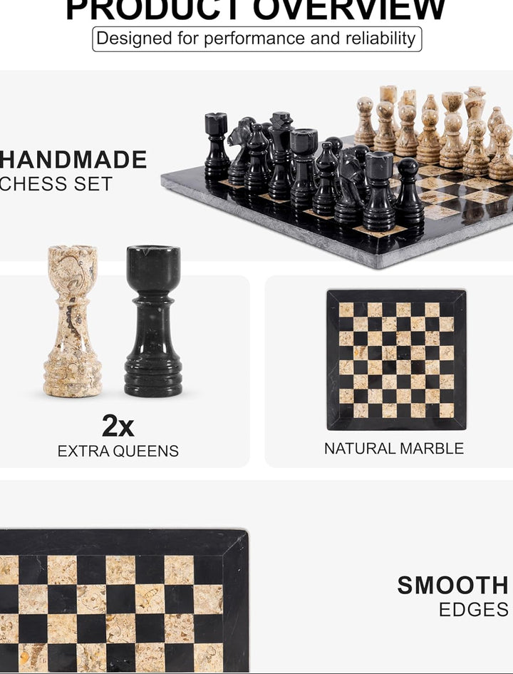 Handmade chess set with marble pieces and board on a white background