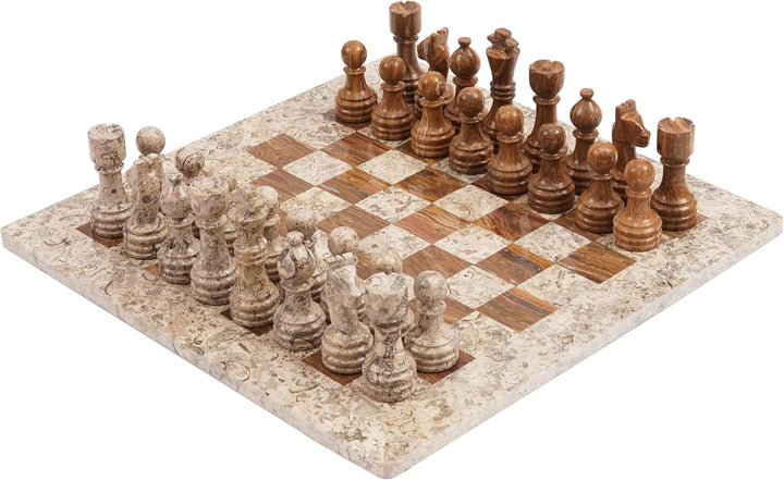 Marble Chess Set 15 Inches Fossil Coral and Dark Brown