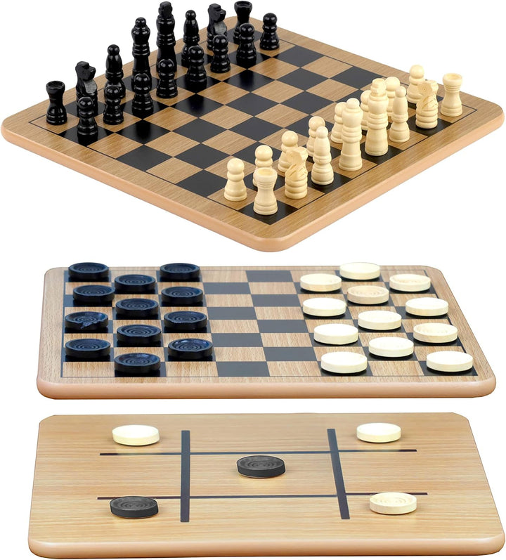 Reversible Wooden Board for Chess, Checkers & Tic-Tac-Toe
