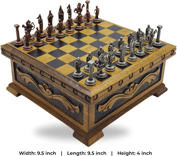 Handcrafted Chess Board and British Figure Metal Chess Pieces