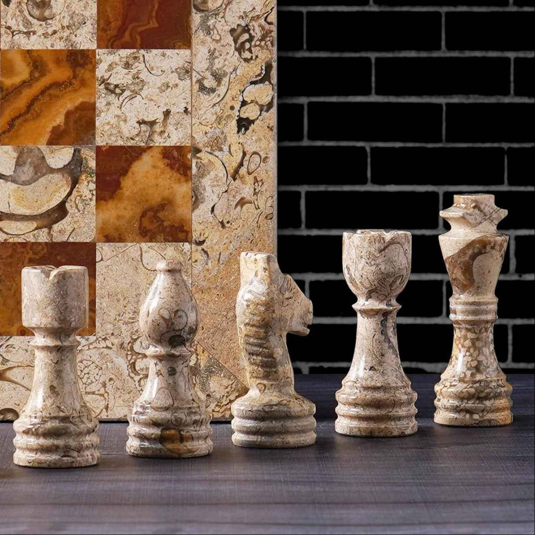 Marble Chess Set 15 Inches Fossil Coral and Dark Brown with Storagebox