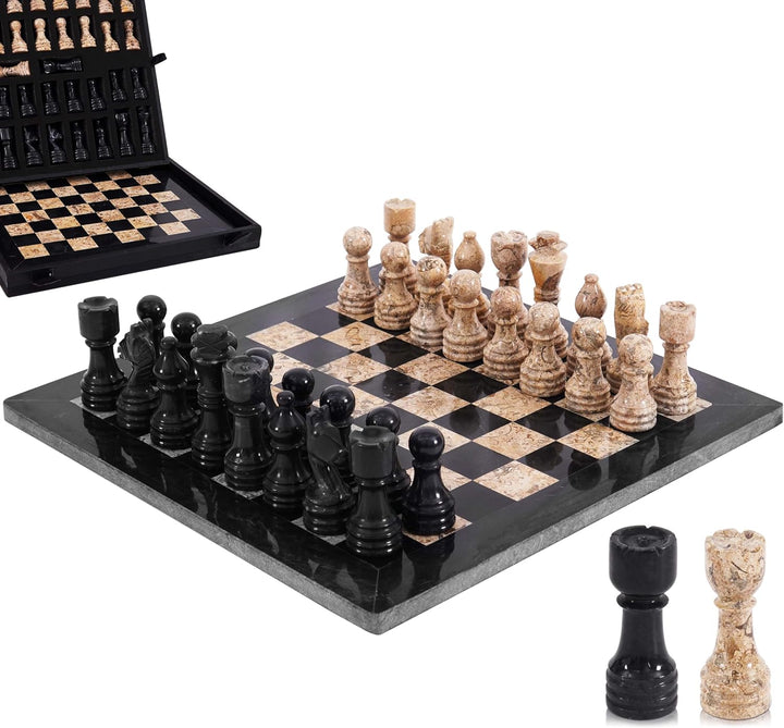 Chess set with black and white pieces on a checkered board