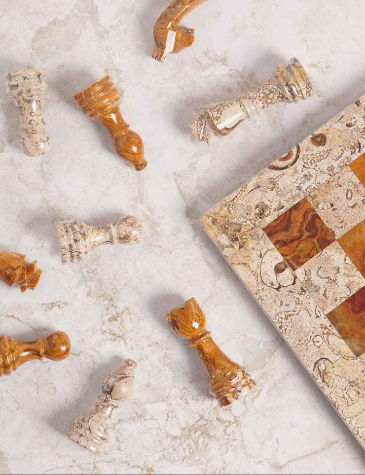 Marble Chess Set 12 Inches Fossil Coral and Dark Brown with Storagebox