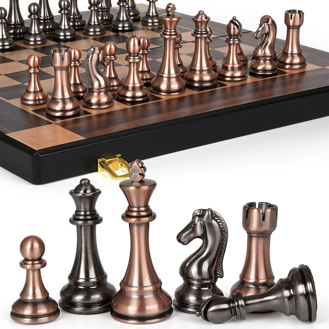 15-Inch Large Chess Set with Metal Chess Pieces – Foldable Wooden Board with Storage
