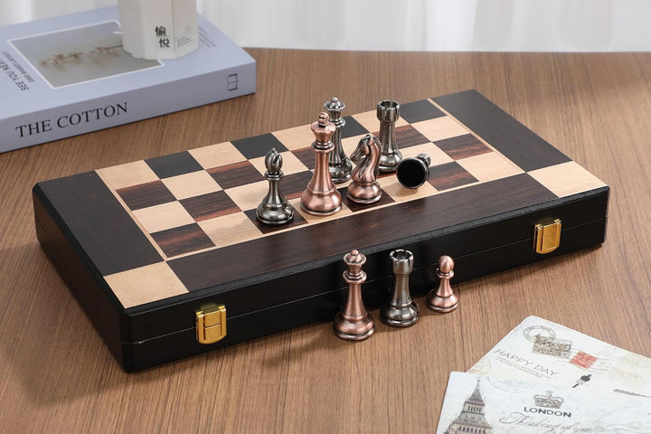 15-Inch Large Chess Set with Metal Chess Pieces – Foldable Wooden Board with Storage