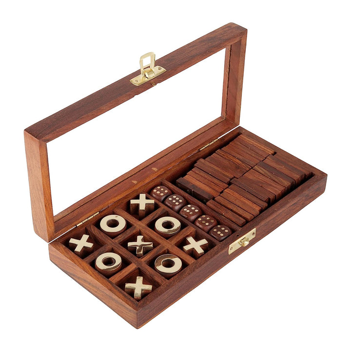 3-in-1-Gesellschaftsspielset aus Holz | 28 Dominosteine, Tic-Tac-Toe und Holzwürfel