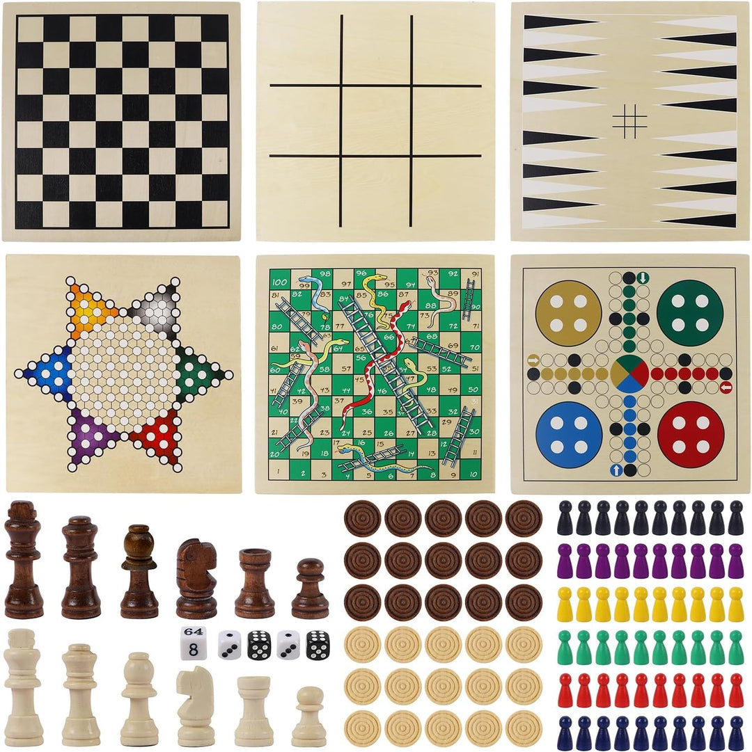 7-in-1 Wooden Board Game Set | Tabletop Combo Classic Travel Board Games