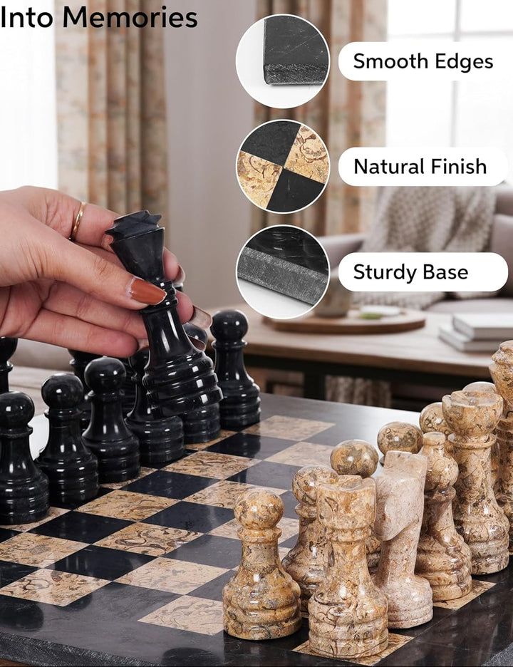 Chess pieces on a board with promotional text and product features.