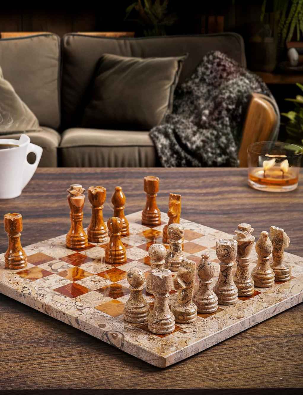 Marble Chess Set 10 Inches Fossil Coral and Dark Brown with Storagebox