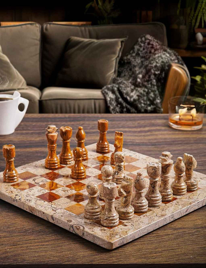 Marble Chess Set 10 Inches Fossil Coral and Dark Brown with Storagebox