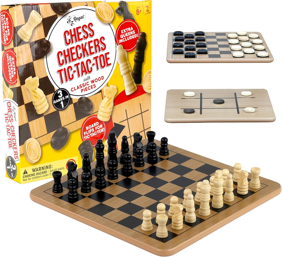 Reversible Wooden Board for Chess, Checkers & Tic-Tac-Toe