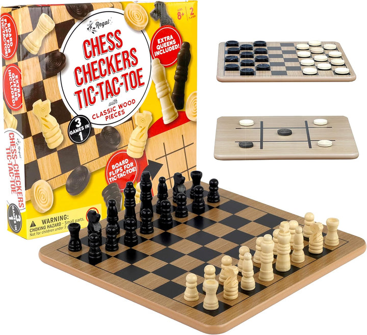 Reversible Wooden Board for Chess, Checkers & Tic-Tac-Toe