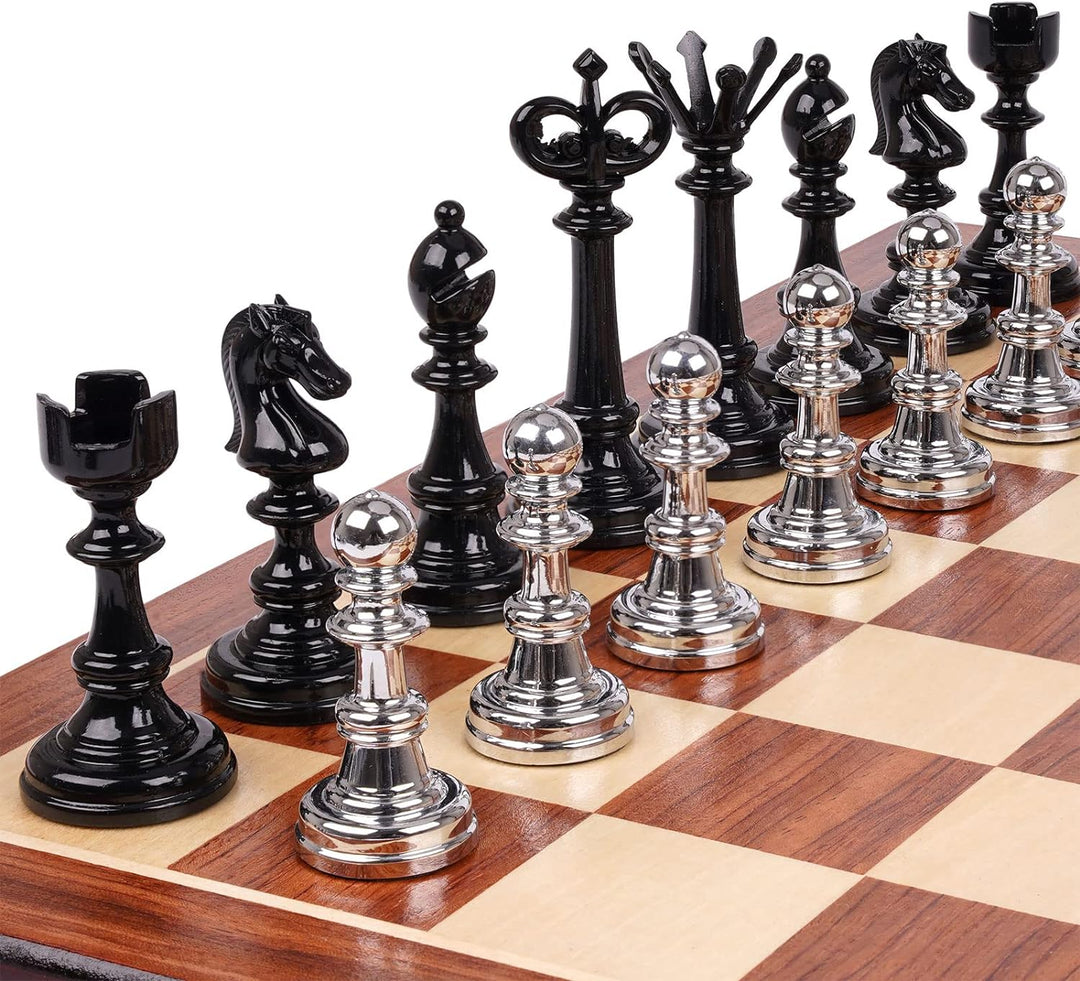 Metal Chess Set and Checkers Game Set 15 inch Black and Silver