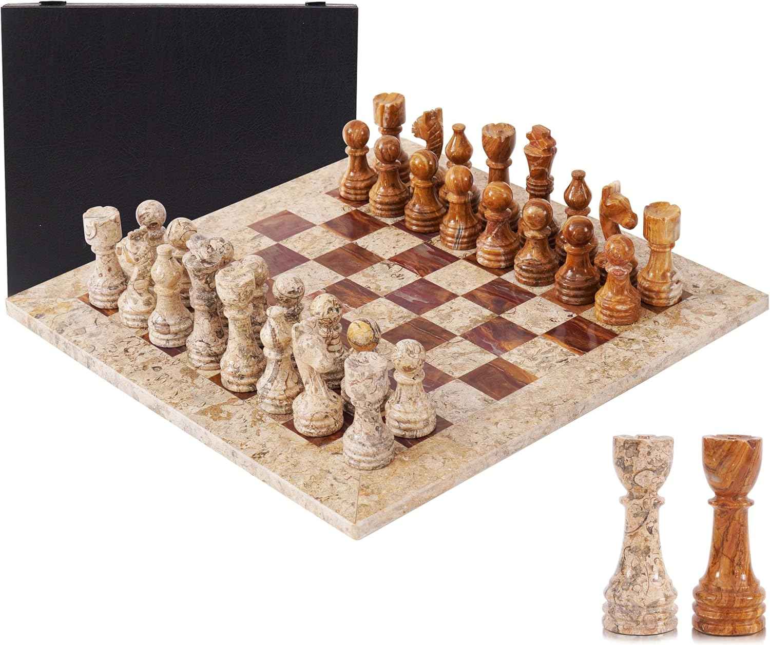 Marble Chess Set 15 Inches Fossil Coral and Dark Brown with Storagebox
