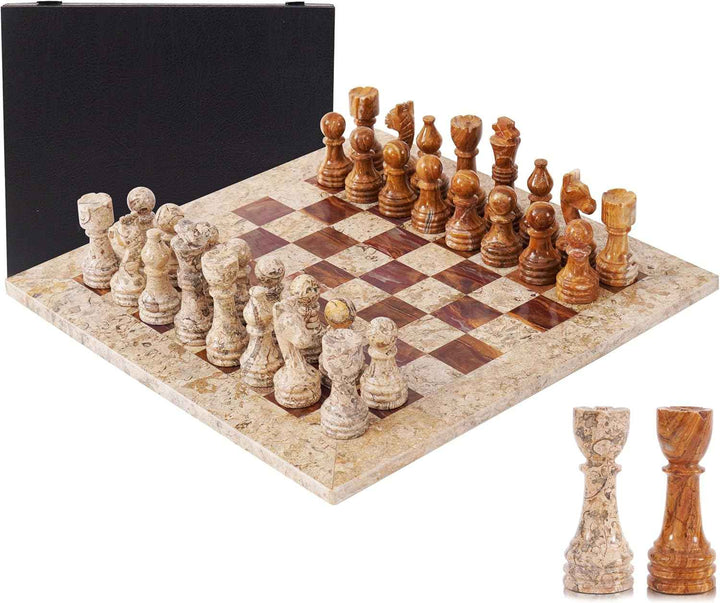 Marble Chess Set 15 Inches Fossil Coral and Dark Brown with Storagebox