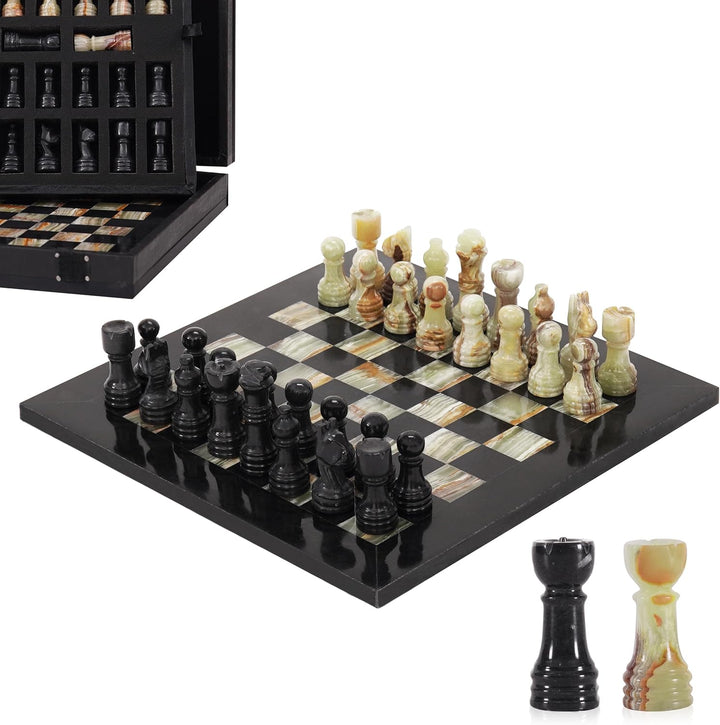 Onyx and Black Marble Chess Set- 10" Board with Storage Box
