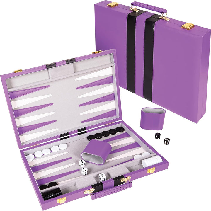 Backgammon Set - Classic Board Game in Purple for Adults and Kids with Premium Leather Case - with Strategy & Tip Guide